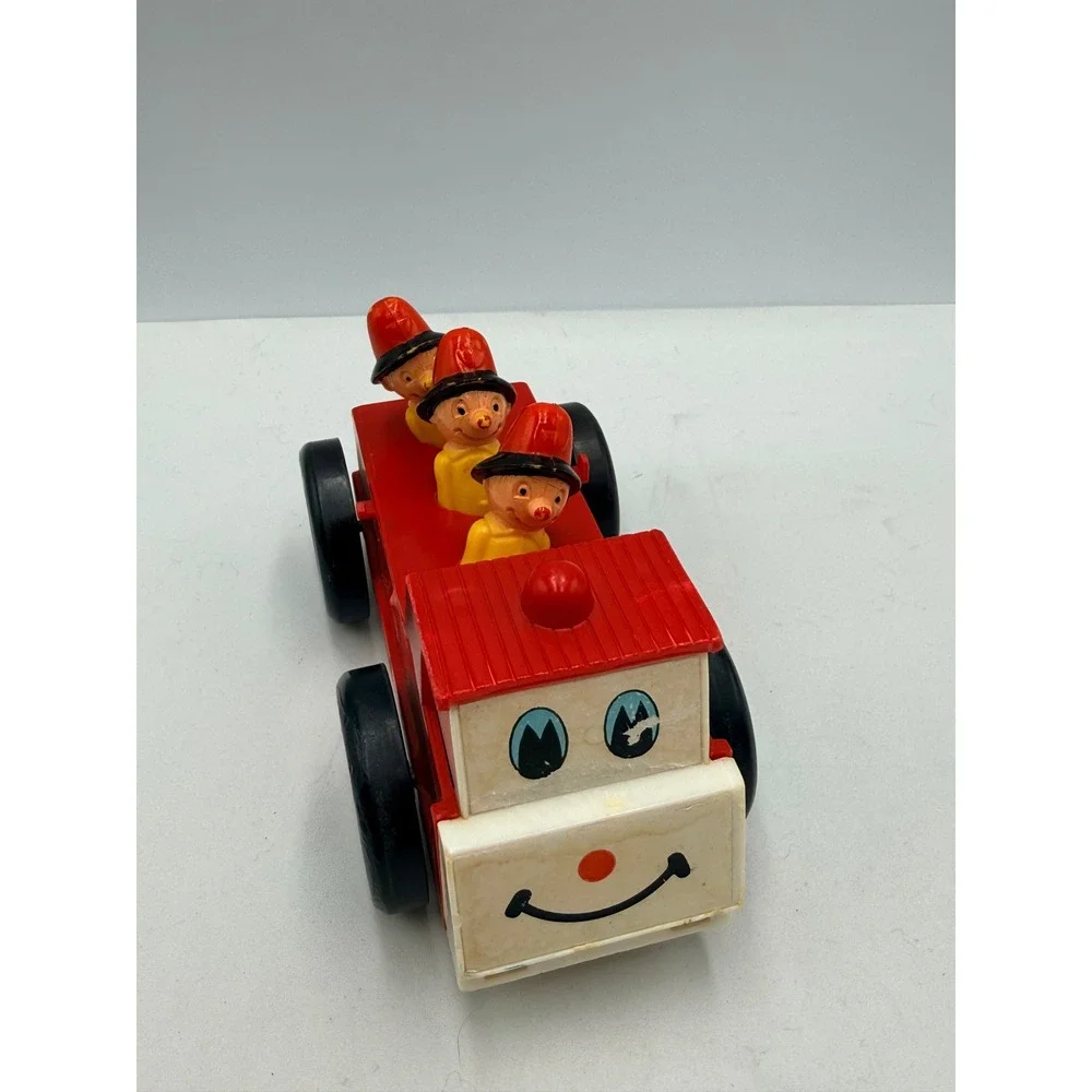 Vintage Fire Truck Toy Red Fair Retro Smiling Face Firefighters Toy Ringing Bell